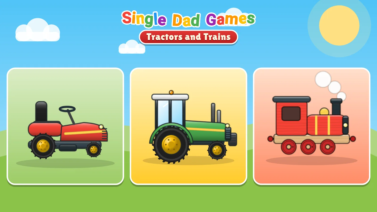 Start screen with a lawn mower, a tractor and a train to choose from