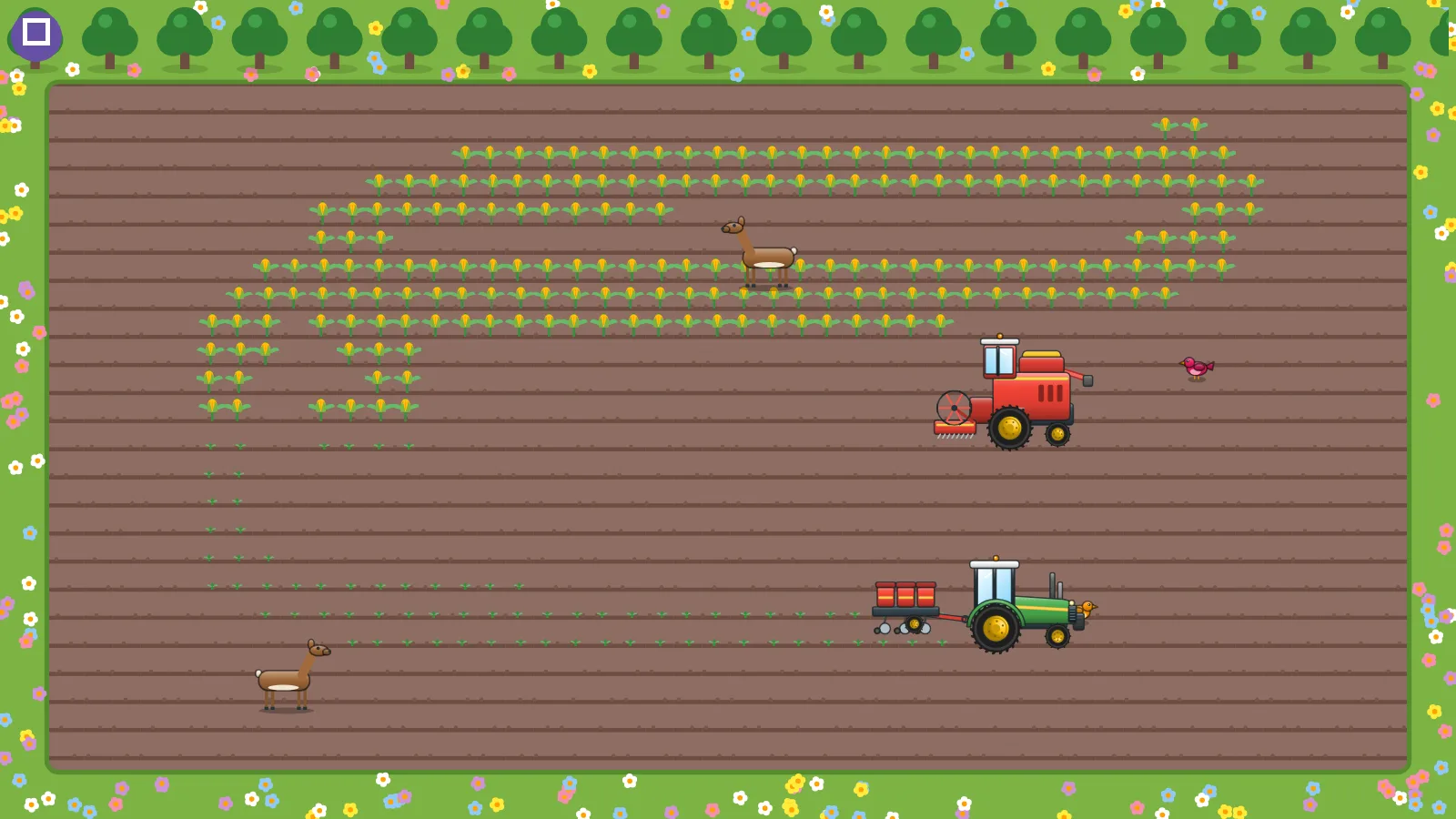 A green tractor towing a planter through rows of corn, with trees and wildflowers around the field