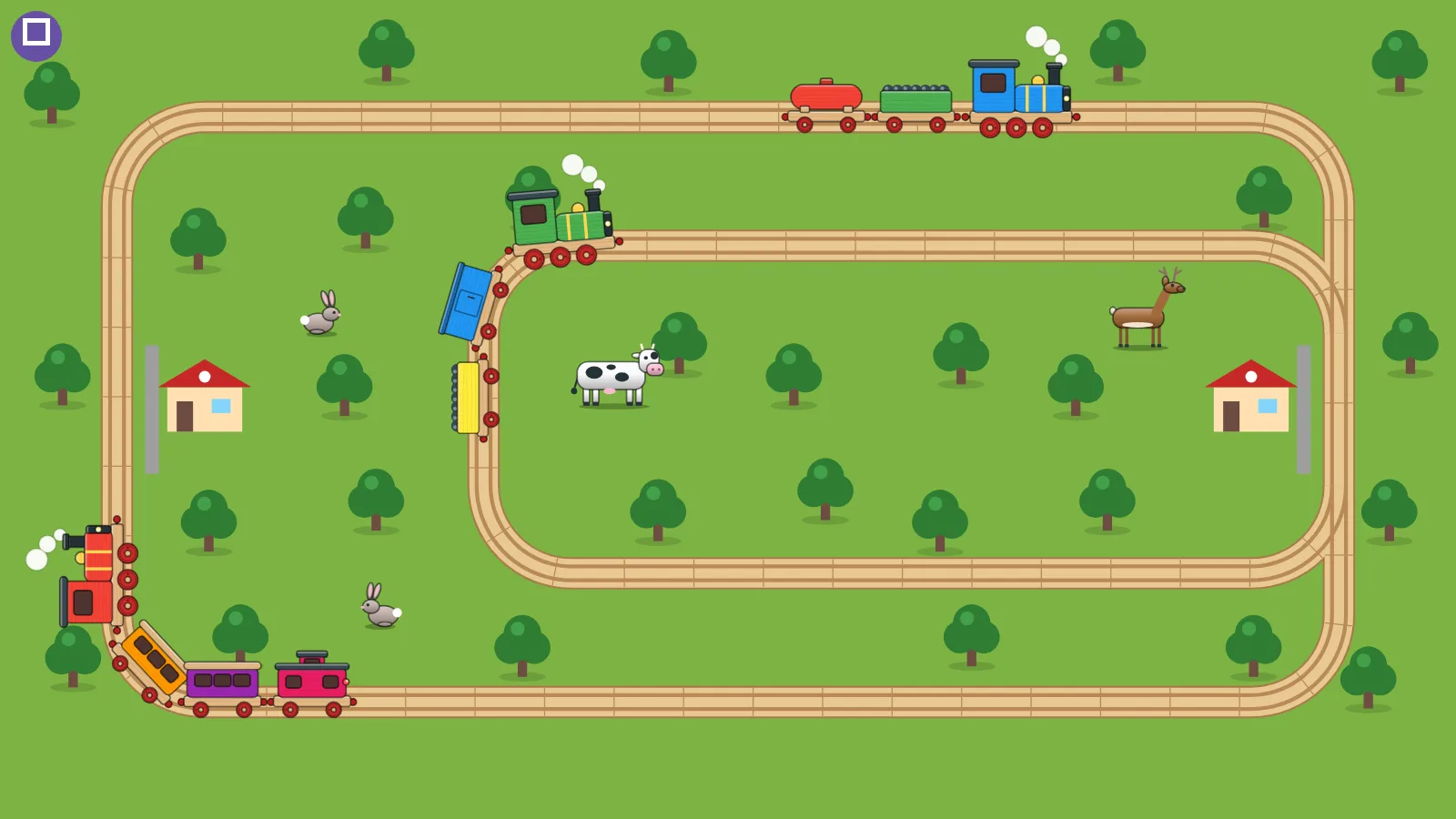 Wooden trains on an outer and an inner loop of track that share one side, with trees and stations